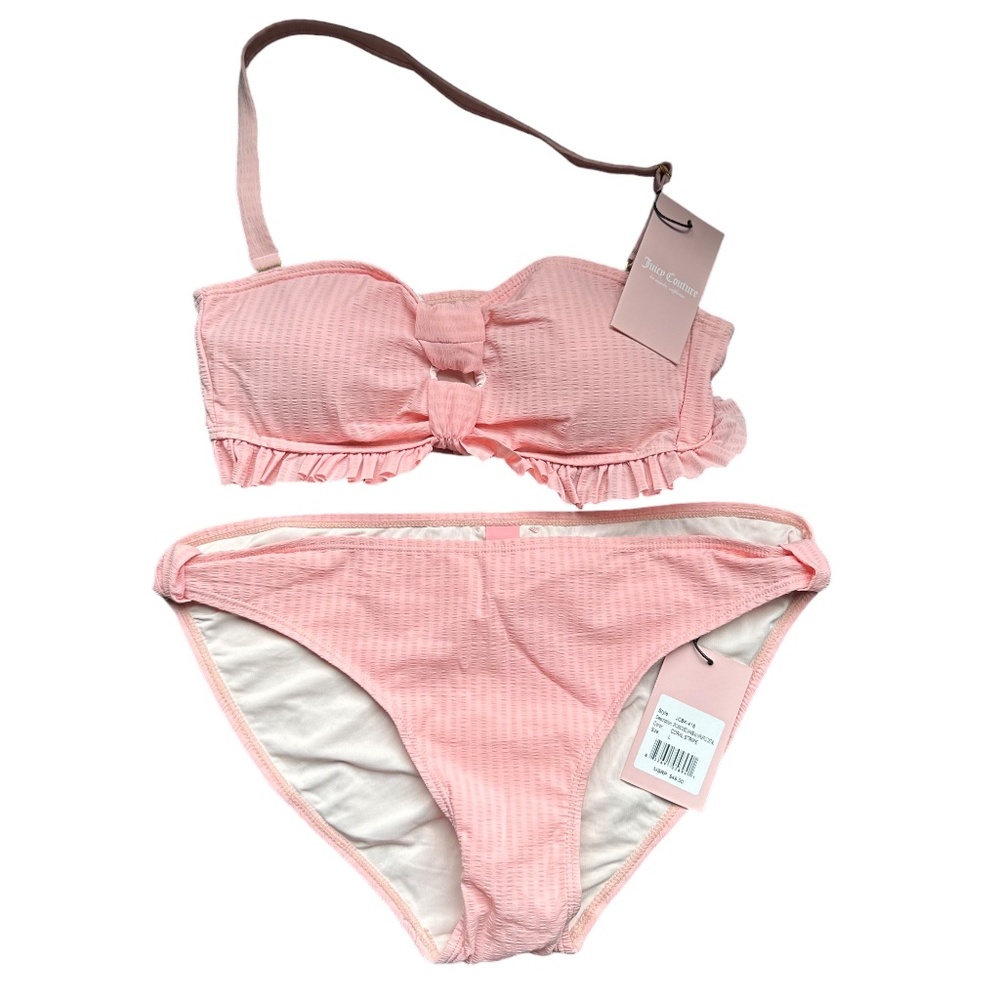 Juicy Couture Pink, Coral Smocked Bandeau Bikini Set With Ruffles Brand New Tags